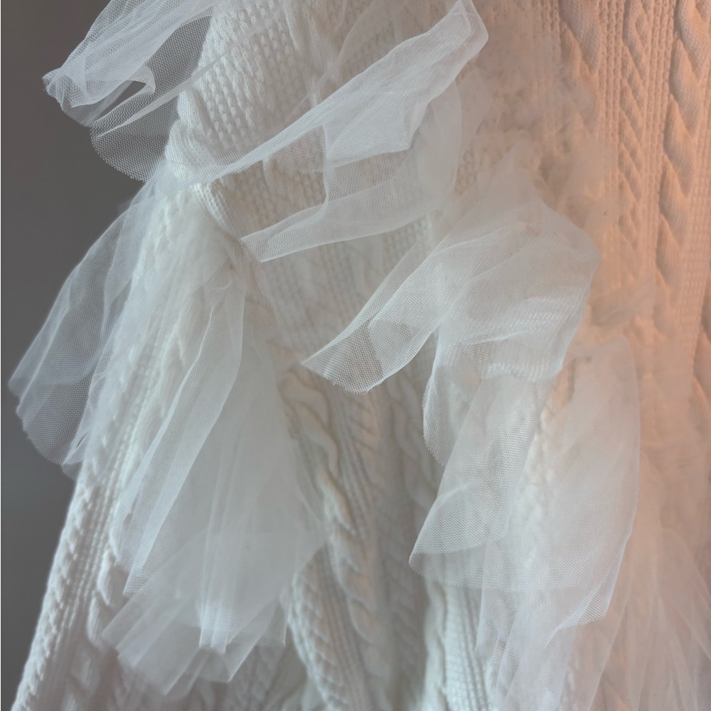 Free People White V-Neck Sweater with Cable Knit and Ruffles - Picture 4 of 4